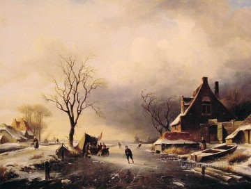  invierno Pintura al %C3%B3leo - Escena de invierno con paisaje de patinadores Charles Leickert